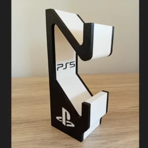 Soporte vertical negro y blanco para control de PlayStation 5 fabricado mediante impresión 3D