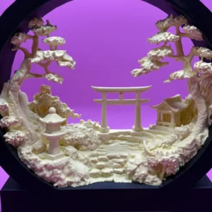 Diorama de jardín japonés con portal torii, templo y árboles impreso en 3D