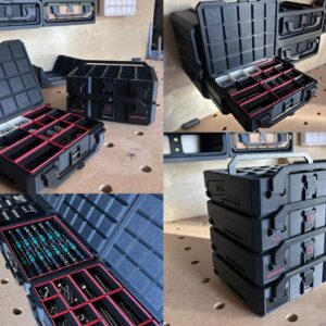 Cajas organizadoras modulares negras con compartimentos para herramientas, tornillos y piezas pequeñas