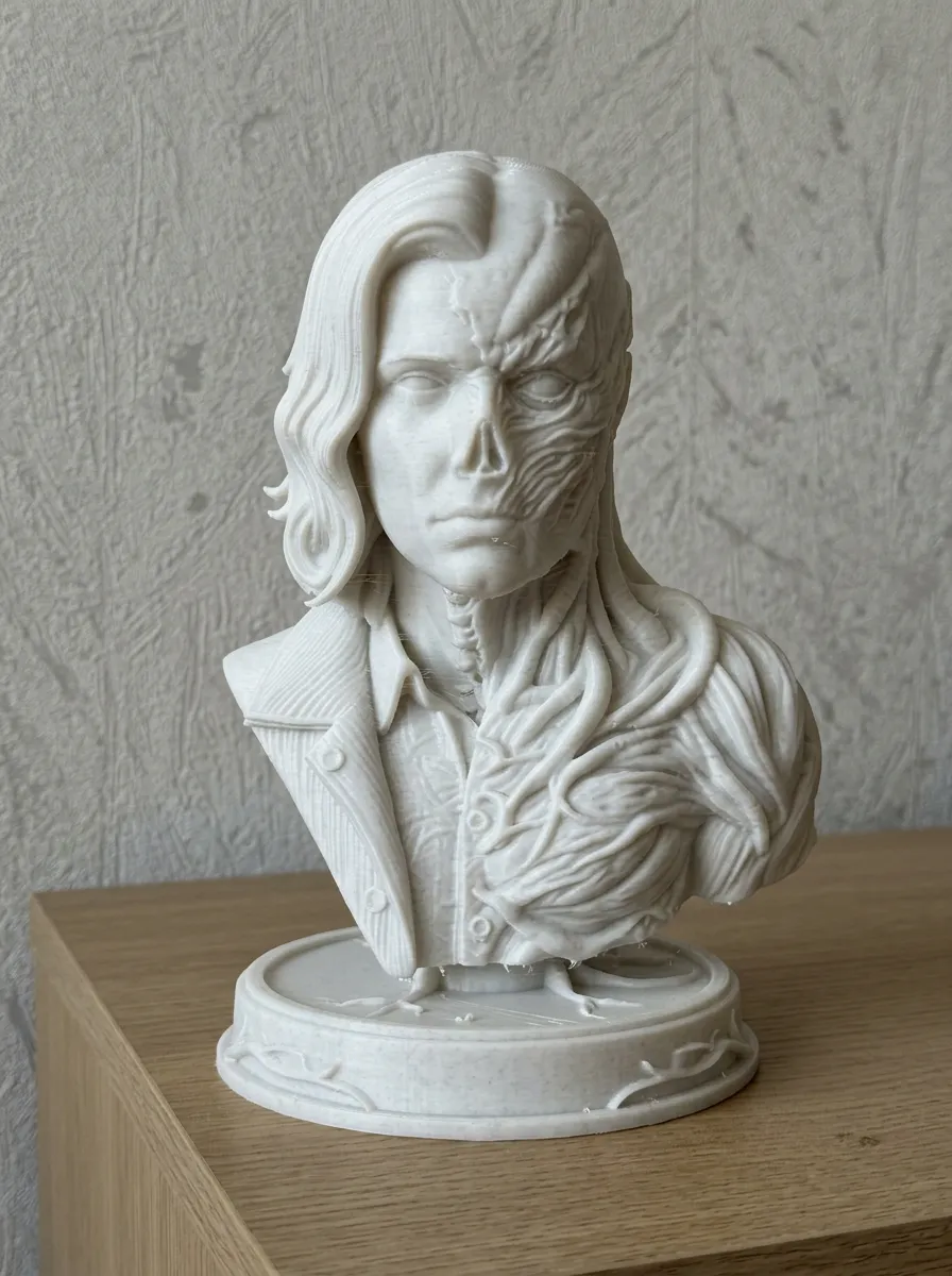 Busto coleccionable inspirado en Stranger Things impreso en 3D con rostro dividido entre humano y criatura