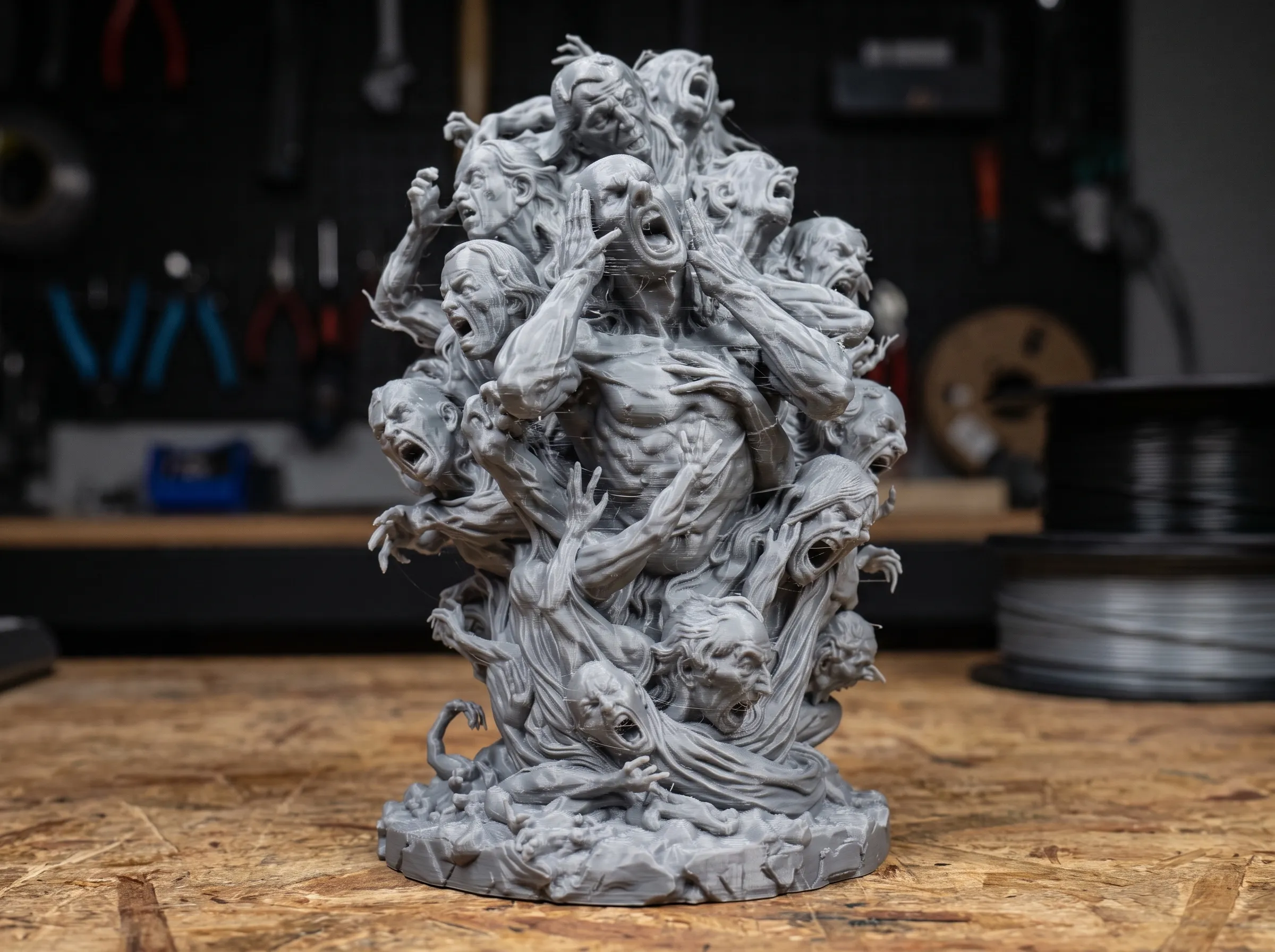 Escultura de fantasía oscura impresa en 3D formada por múltiples figuras humanas entrelazadas y rostros con expresiones de angustia